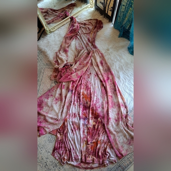 Rachael Roy Multi Layer Floral Floor length Dress. Tie Die Design Cut out back. - Picture 13 of 15